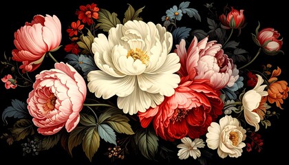 Vintage floral bouquet on black background in baroque style