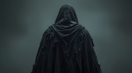 A mysterious, hooded figure dressed in a dark, tattered cloak, viewed from the back against a simple, somber dark grey studio background, symbolizing anonymity or death