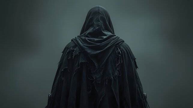 A mysterious, hooded figure dressed in a dark, tattered cloak, viewed from the back against a simple, somber dark grey studio background, symbolizing anonymity or death