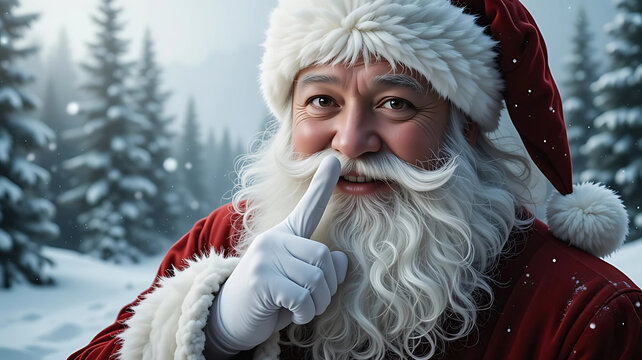 Close-up of Santa Claus with Finger on Lips Asking for Silence or Keeping a Secret in a Snowy Winter Forest for Holiday Surprise, Confidential Sale, or Christmas Magic Banner