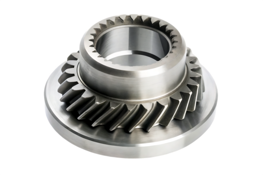 Metal helical gear mechanism for industrial applications isolated on a transparent background