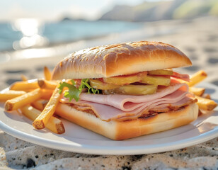 Delicious sandvich with meat and tomatoes on a beach. Sample for package design