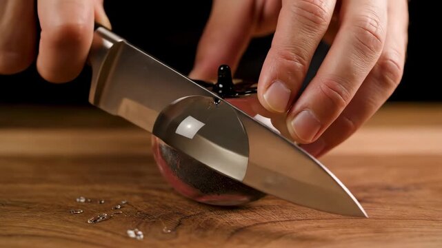 Hand holding a sharp metal knife, slicing through a translucent glass object filled with liquid and resembling a red tomato, sitting on a natural wood cutting board