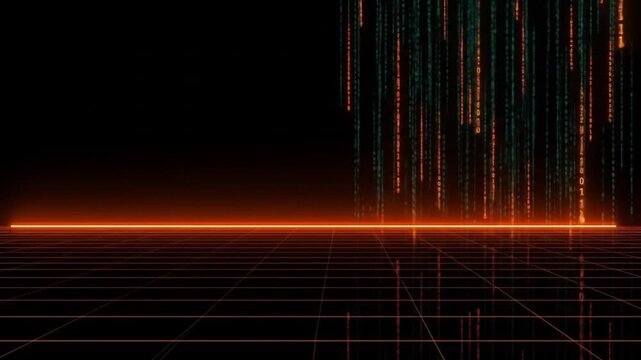 Futuristic digital landscape with glowing grid and cascading binary code in a dark environment