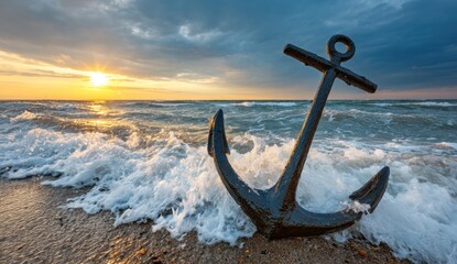 A dark anchor rests on the sandy beach at sunrise, amidst waves crashing gently against the shore, evoking a sense of peace and stability.