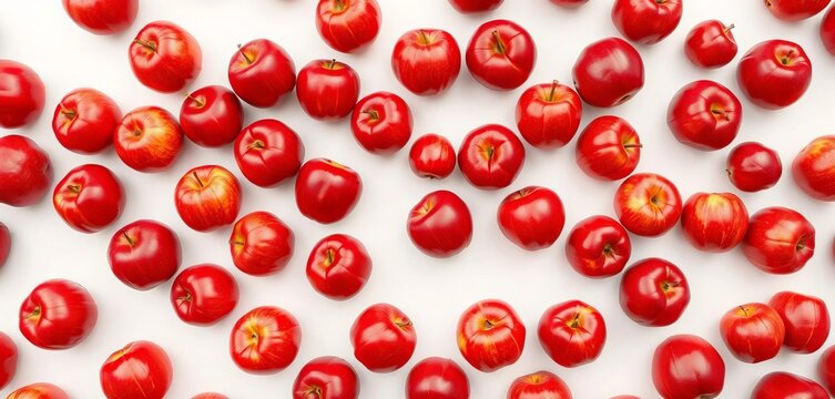 Infinite repeating pattern of red apples on a white background, endless, food