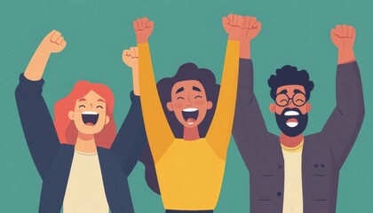 The illustration shows three diverse colleagues expressing happiness and excitement with their arms raised in the air, symbolizing a shared achievement.