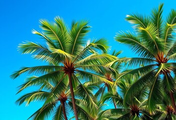 Fototapeta premium Lush green palm trees against a vibrant blue sky, tropical landscape, botany