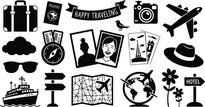 Travel vacation adventure planning trip journey tourism exploration destination holiday icons set vector 100