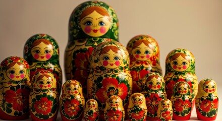 Collection of beautifully hand painted nesting dolls with floral patterns and smiling faces