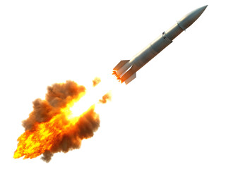 Fototapeta premium Missile launching with bright orange fire trail isolated on a transparent background