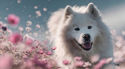 A fluffy white samoyed dog stands amidst a field of pink cosmos flowers under a bright blue sky