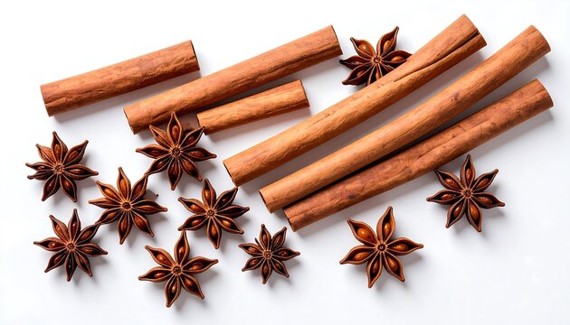 Cinnamon sticks and star anise spices with flat lay on white background, and cooking ingredients.