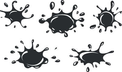 Fototapeta premium A collection of artistic black liquid splashes and drops in various shapes and sizes..