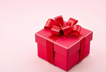 Fototapeta premium A crimson gift box with a satin ribbon, tied in a bow, gift, festive