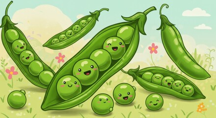 Cute Cartoon Illustration of Happy Peas in Pods with Smiling Faces in a Garden Setting