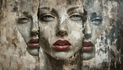 The illustration shows three partial views of a woman's face with red lips, rendered in a textured, abstract style against a neutral background.