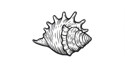 Detailed black and white drawing of a spiky sea shell with intricate line work, perfect for