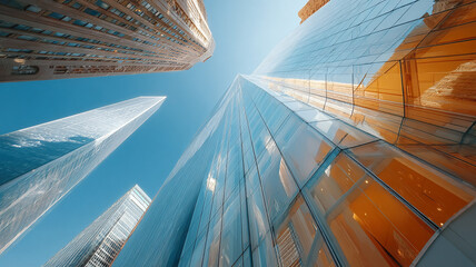 Tall skyscraper with geometric windows and steel framing.
