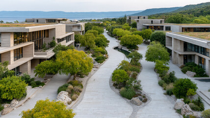 Curved building facade with metallic finish and dynamic angles.