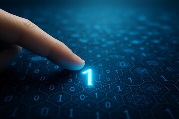 Futuristic Binary Code Interface Activation Finger Touching a Glowing Digital Number One on a Hexagonal Grid