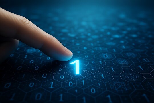 Futuristic Binary Code Interface Activation Finger Touching a Glowing Digital Number One on a Hexagonal Grid