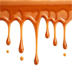 Realistic vector illustration of melted caramel drops and sweet sauce drips isolated on a clean white background. Smooth, glossy, sticky texture with highlights and shadows. Orange-brown caramel color