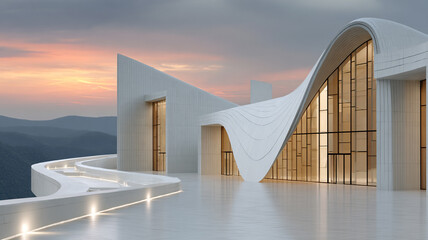 Building with cantilevered sections and bold geometric shapes.