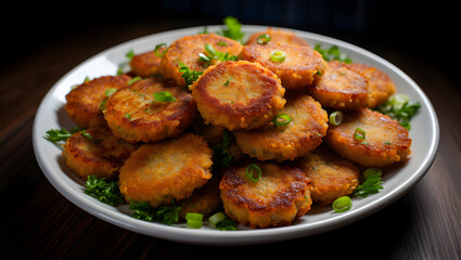 Fototapeta premium Stacked golden brown potato cakes garnished with fresh green scallions and parsley on a white plate with dark wooden background