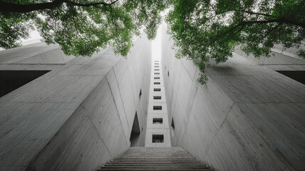 Tower with vertical light strips and sleek glass exterior.