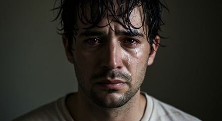 Obraz premium Close up of a mans face with tears and emotional expression