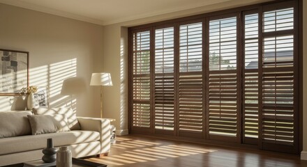 Elegant interior featuring dark wood shutters in a sunlit modern living room