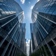 Fototapeta premium Symmetrical Cityscape with Reflective Towers – Dramatic Urban Architecture Perspective
