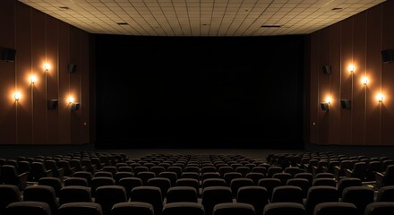 Empty cinema auditorium interior with rows of seats and illuminated wall lights