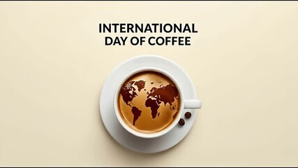 A coffee cup featuring a world map design on the surface, celebrating International Coffee Day