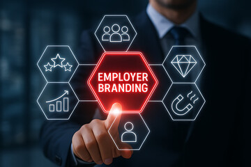 Employer branding concept attracting and retaining top talent with a strategy hexagon showing icons like stars, growth, team, diamond, magnet, and individual illustration