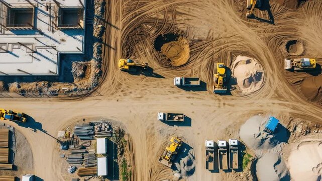 Aerial View Construction Site Heavy Machinery Trucks Sand Gravel, 4k video footage