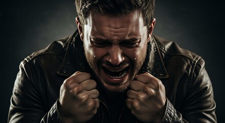 Man expressing intense emotion portrait dramatic lighting isolated dark background