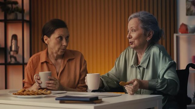 Senior lady in wheelchair and her sister drinking tea together, friendship bond
