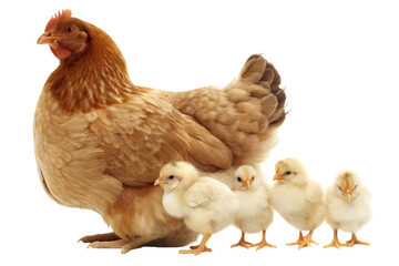 Mother hen with four fluffy chicks isolated on a transparent background chicken baby chicken