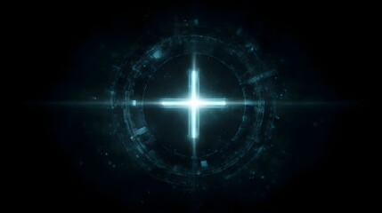 Futuristic digital interface with a glowing cyan cross symbol at its center