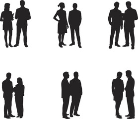 Business people silhouettes collection, teamwork vector set, office colleagues talking, professional meeting poses, corporate communication icons, partnership illustration design