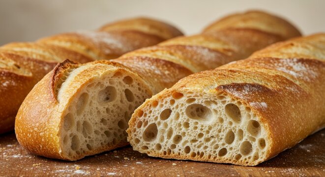 Golden brown crust and airy crumb of freshly baked french baguettes on table
