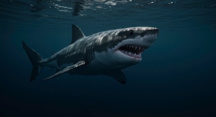 Fototapeta premium Great white shark portrait in the deep ocean waters, cinematic look and feel