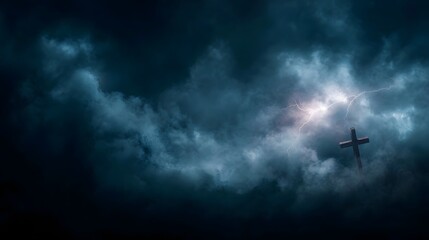 A wooden cross stands silhouetted against a dramatic lightning filled stormy night sky