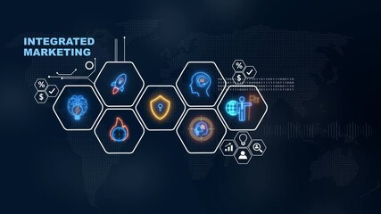 Animated digital interface illustrating integrated marketing strategy with global network ,Internet infrastructure concept map Abstract technology background in blue color . - Powered by Adobe