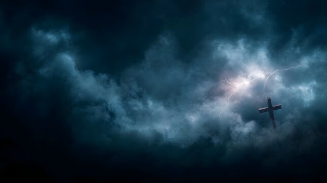 A wooden cross stands silhouetted against a dramatic lightning filled stormy night sky - Powered by Adobe
