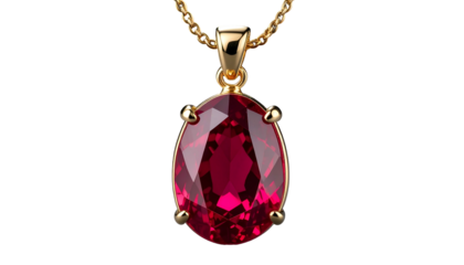 Elegant gold pendant with a teardrop-shaped, sparkling red gemstone