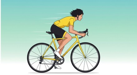 Obraz premium Illustration of a woman riding a yellow road bike in motion with blurred background