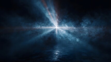 Fototapeta premium A bright cross shaped light beam pierces through dense fog casting dramatic rays onto a reflective surface
